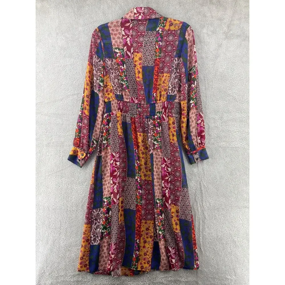 GILI Top Womens XXS Red Blue Patchwork Boho Sheer Button Up Midi Length Slit - Picture 7 of 16